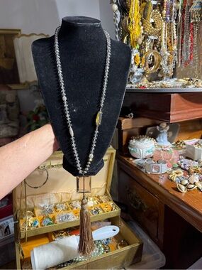 Vintage Chico’s Long Gray Crystal Beaded Tassel Necklace